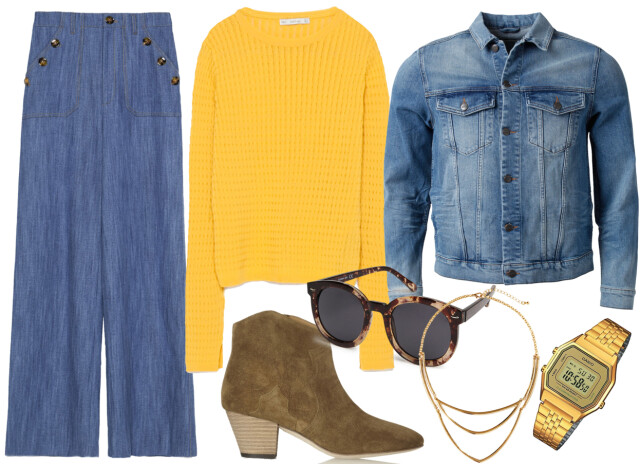 LETT 70-TALLS: Slengbukser (kr 700) og gul strikkegenser (kr 300, begge fra Zara), denimjakke (kr 800, MQ), semskede ankelboots (cirka kr 3200, Isabel Marant/Net-a-Porter), solbriller (kr 70, Lindex), gyllent halskjede (kr 80, H&M) og retroklokke (kr 580, Casio). Foto: Produsenter LETT 70-TALLS: Slengbukser (kr 700) og gul strikkegenser (kr 300, begge fra Zara), denimjakke (kr 800, MQ), semskede ankelboots (cirka kr 3200, Isabel Marant/Net-a-Porter), solbriller (kr 70, Lindex), gyllent halskjede (kr 80, H&M) og retroklokke (kr 580, Casio). Foto: Produsenter